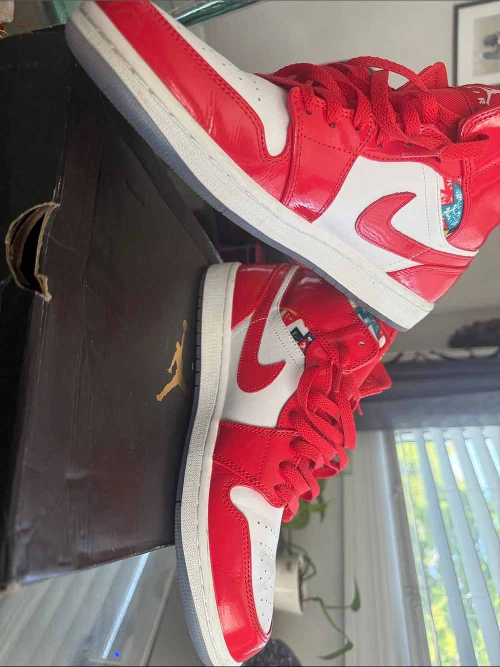 Jordan Red White High-Top Sneakers with Patterned Collar